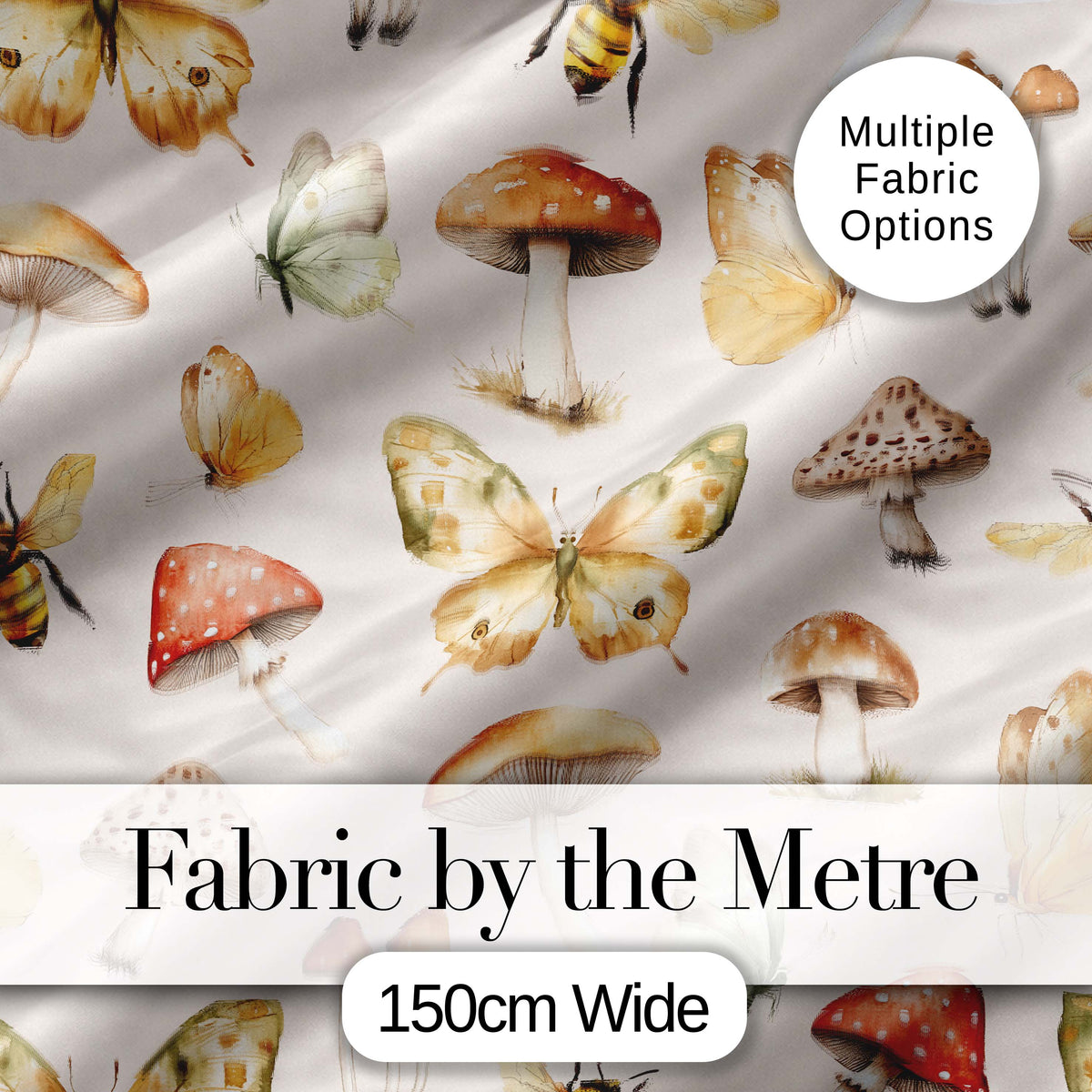 Vintage Butterflies Bees Mushrooms Nature Seamless Pattern Warm Beige Digital Print Fabric by the Metre UK Sewing Quilting Textile