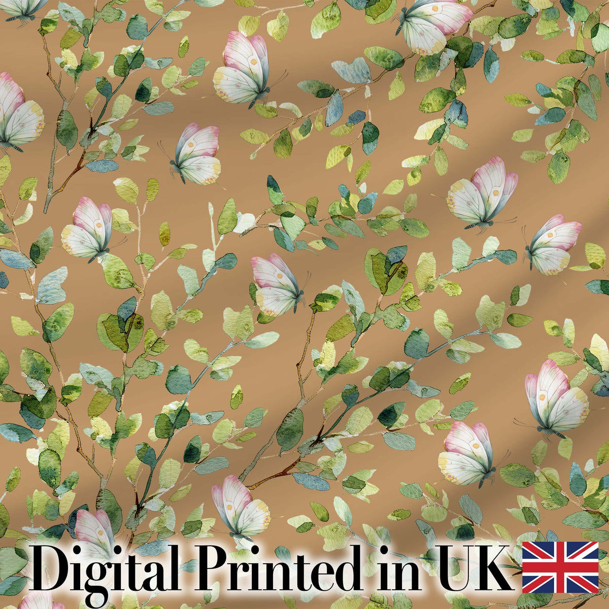 Watercolor Butterflies Green Leaves Branches Seamless Pattern Warm Brown Digital Print Fabric by the Metre UK Sewing Quilting Textile
