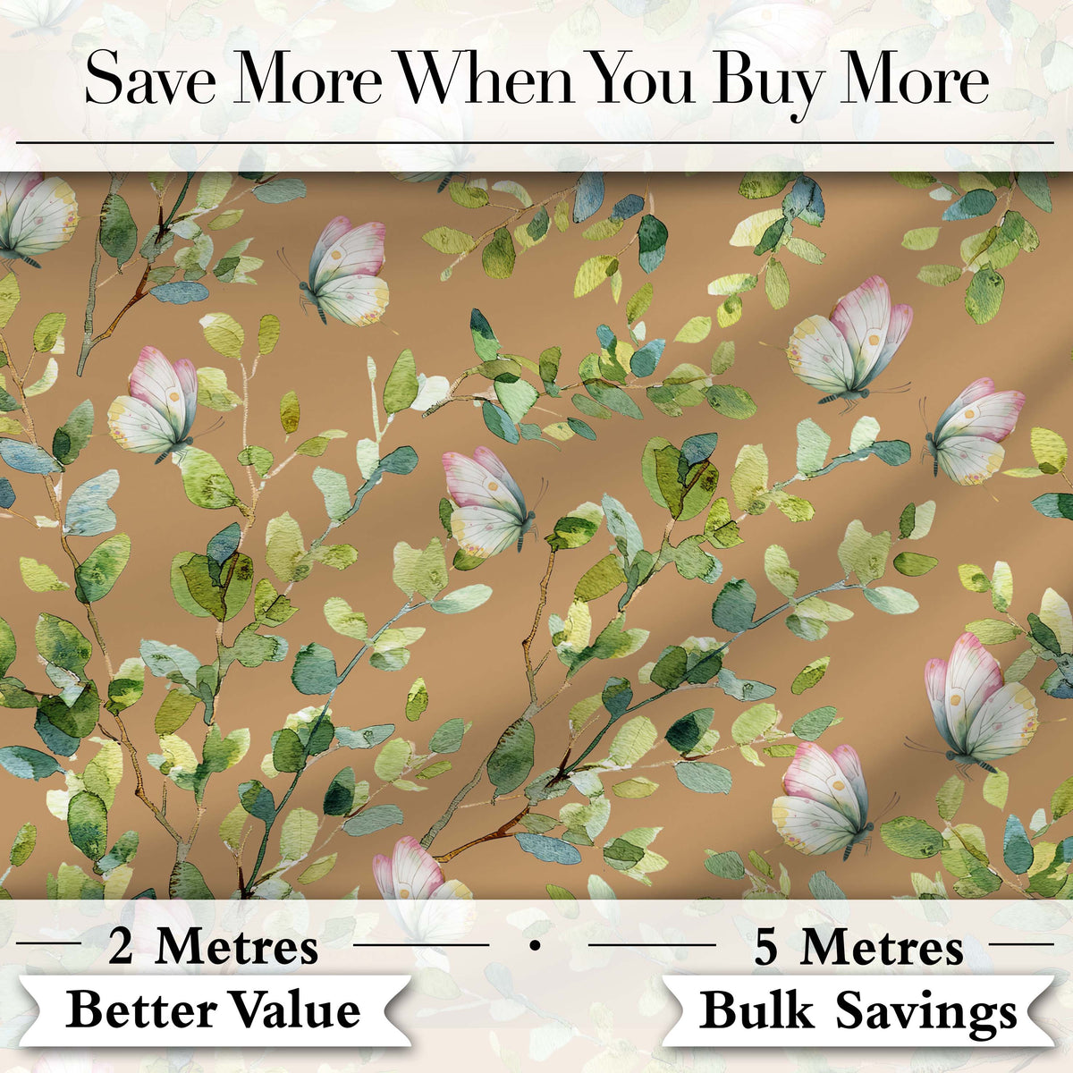 Watercolor Butterflies Green Leaves Branches Seamless Pattern Warm Brown Digital Print Fabric by the Metre UK Sewing Quilting Textile