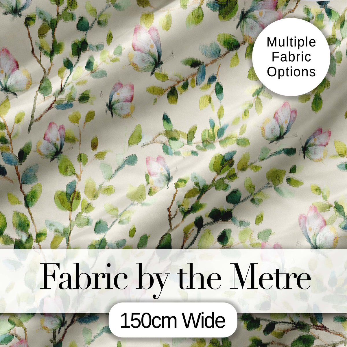 Watercolor Butterflies Green Leaves Branches Seamless Pattern Soft Cream Digital Print Fabric by the Metre UK Sewing Quilting Textile