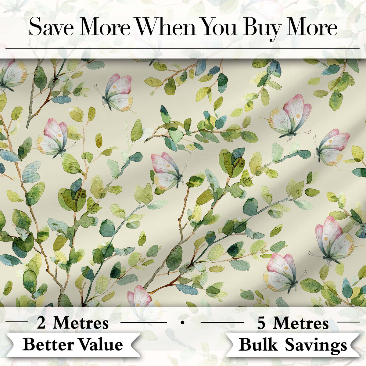 Watercolor Butterflies Green Leaves Branches Seamless Pattern Soft Cream Digital Print Fabric by the Metre UK Sewing Quilting Textile