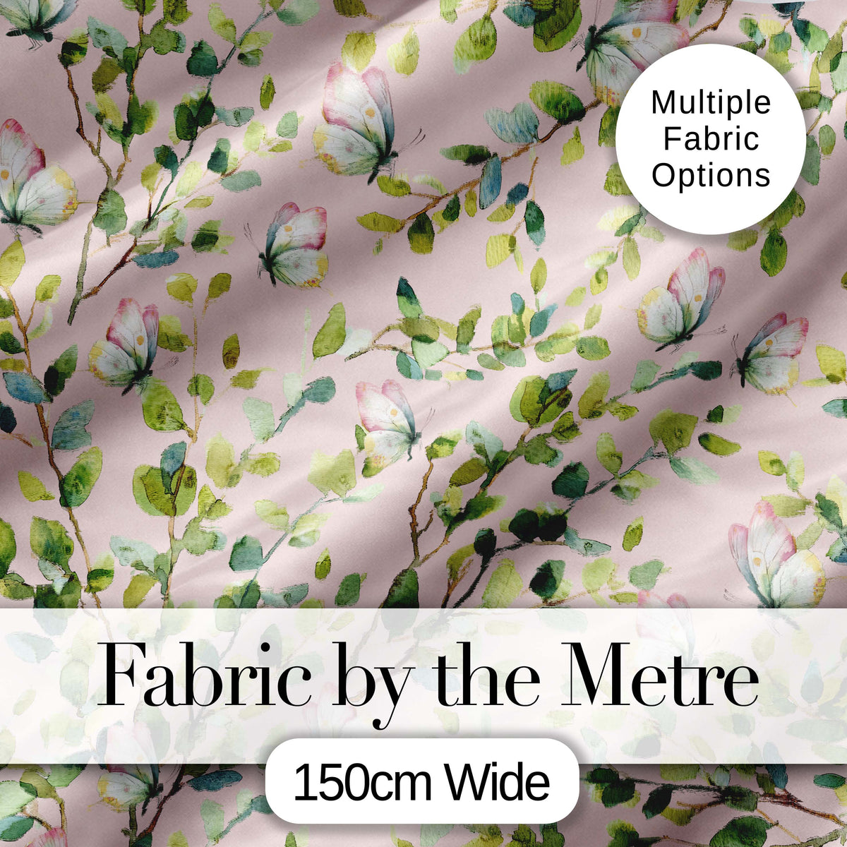 Watercolor Butterflies Green Leaves Branches Seamless Pattern Blush Pink Digital Print Fabric by the Metre UK Sewing Quilting Textile