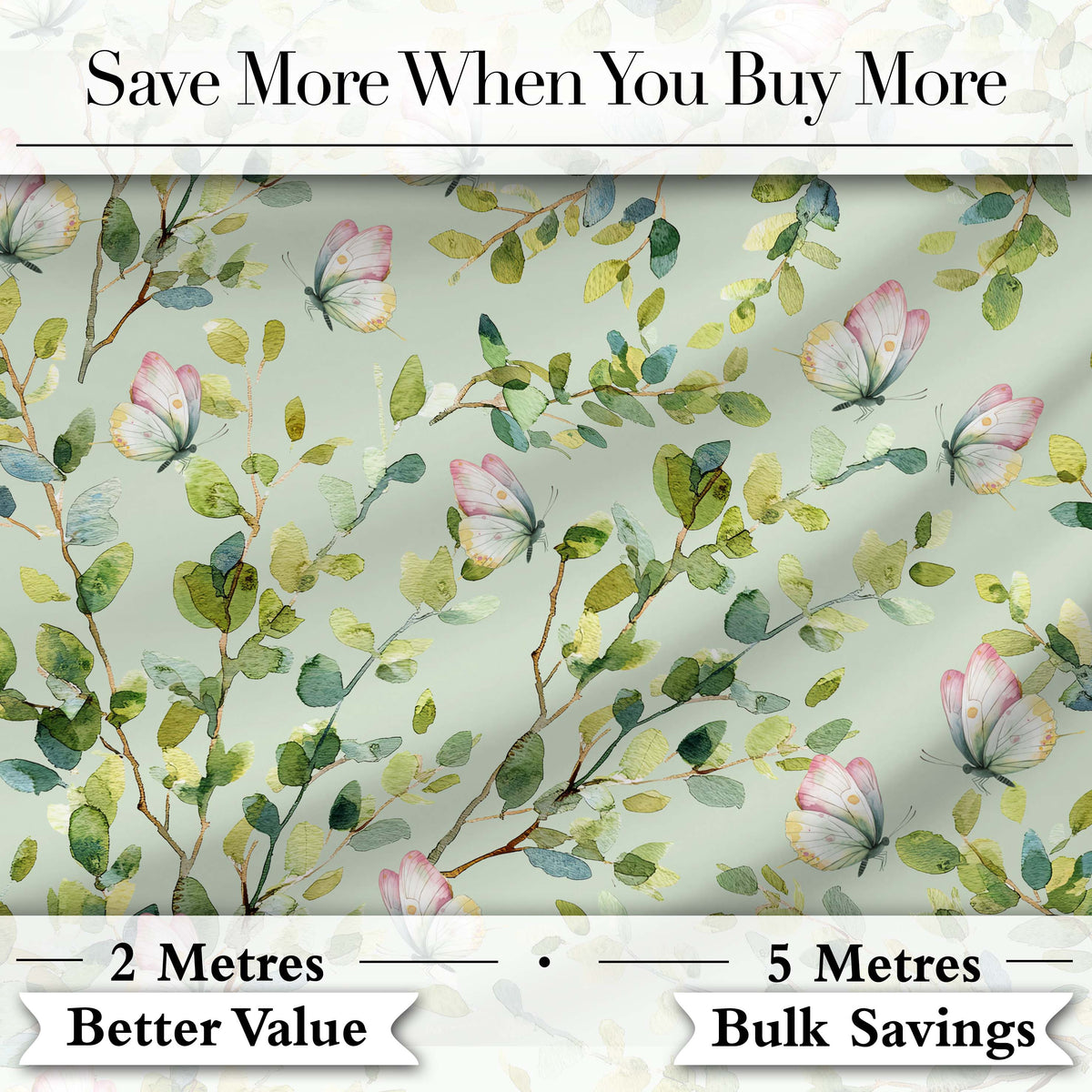 Watercolor Butterflies Green Leaves Branches Seamless Pattern Soft Sage Digital Print Fabric by the Metre UK Sewing Quilting Textile
