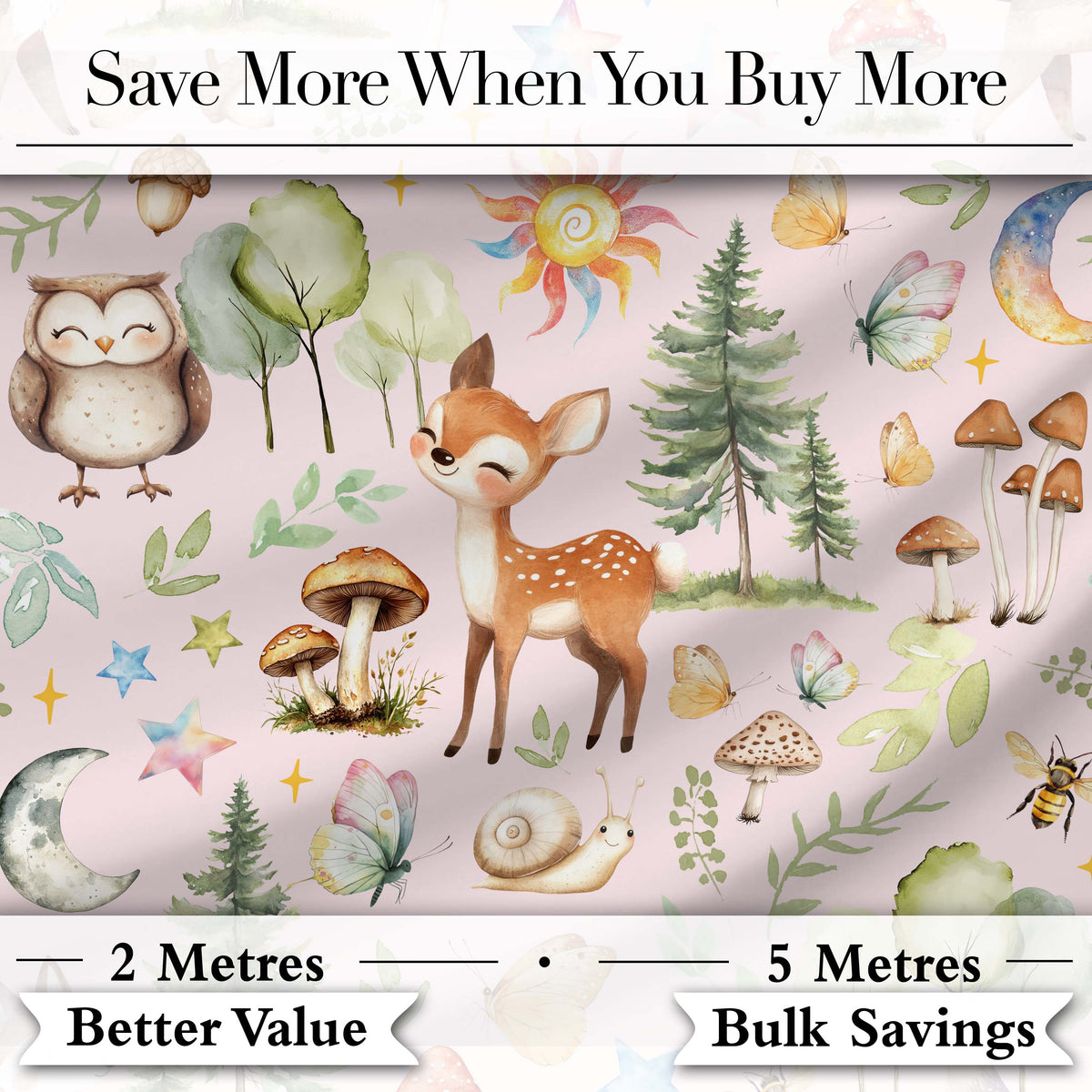 Watercolor Forest Animals Deer Owl Mushrooms Stars Seamless Pattern Soft Pink Digital Print Fabric by the Metre UK Sewing Quilting Textile