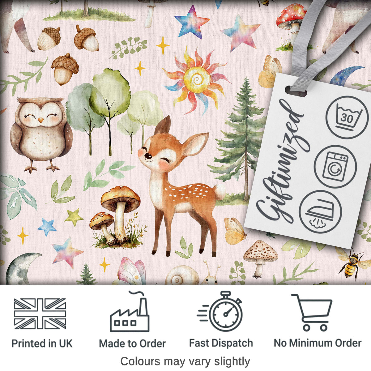 Watercolor Forest Animals Deer Owl Mushrooms Stars Seamless Pattern Soft Beige Digital Print Fabric by the Metre UK Sewing Quilting Textile