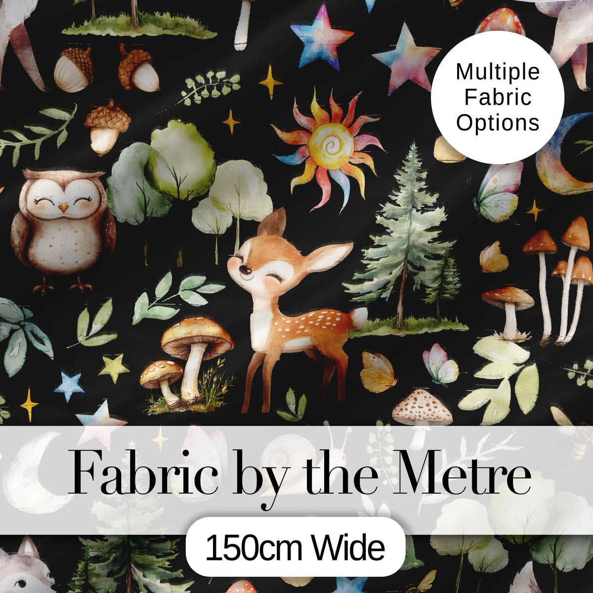 Watercolor Forest Animals Deer Owl Mushrooms Stars Seamless Pattern Black Digital Print Fabric by the Metre UK Sewing Quilting Textile