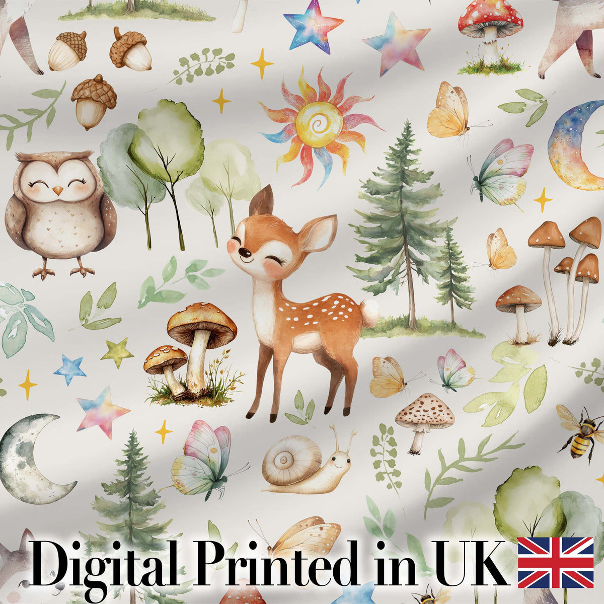 Watercolor Forest Animals Deer Owl Mushrooms Stars Seamless Pattern Soft Grey Digital Print Fabric by the Metre UK Sewing Quilting Textile