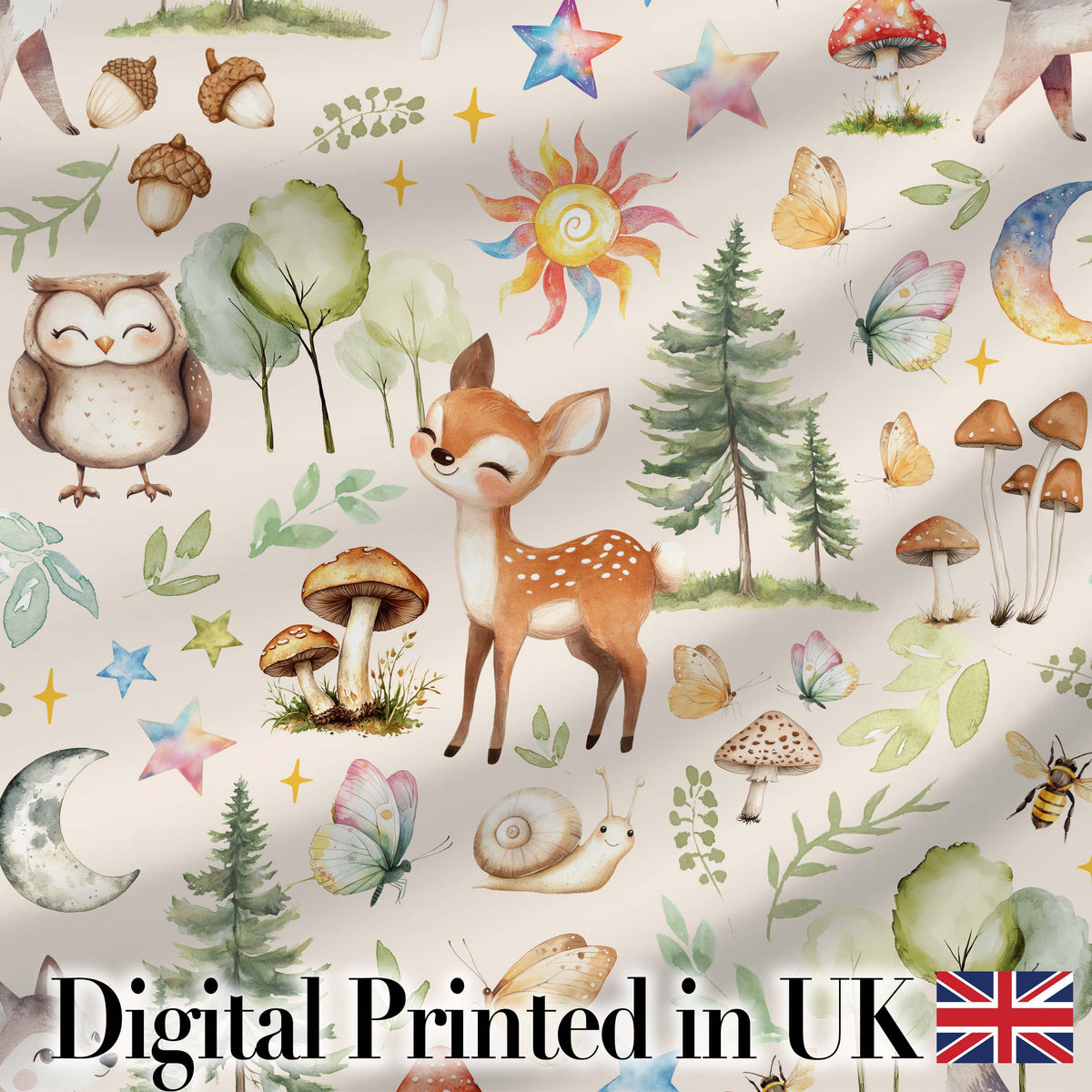 Watercolor Forest Animals Deer Owl Mushrooms Stars Seamless Pattern Warm Beige Digital Print Fabric by the Metre UK Sewing Quilting Textile