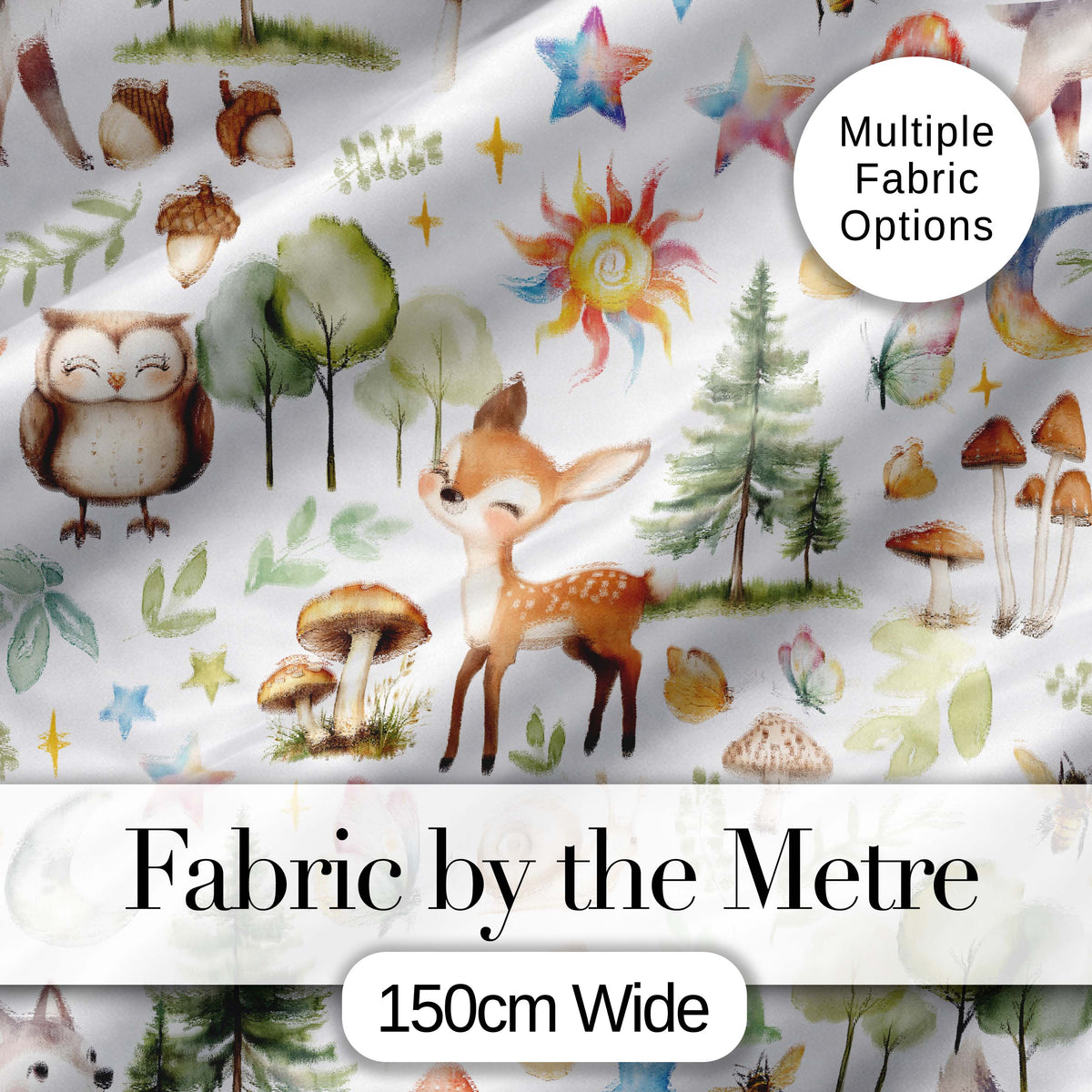 Watercolor Forest Animals Deer Owl Mushrooms Stars Seamless Pattern Soft Cream Digital Print Fabric by the Metre UK Sewing Quilting Textile