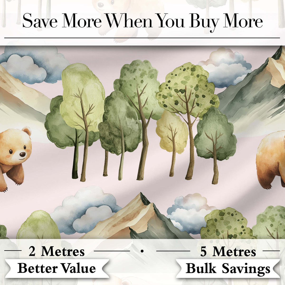 Watercolor Woodland Bears Trees Mountains Seamless Pattern Soft Pink Background Digital Print Fabric by the Metre UK Sewing Quilting Textile
