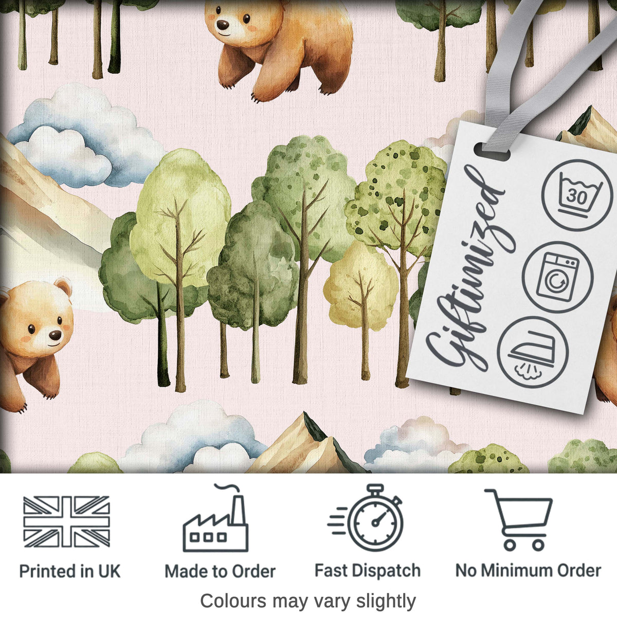 Watercolor Woodland Bears Trees Mountains Seamless Pattern Soft Pink Background Digital Print Fabric by the Metre UK Sewing Quilting Textile