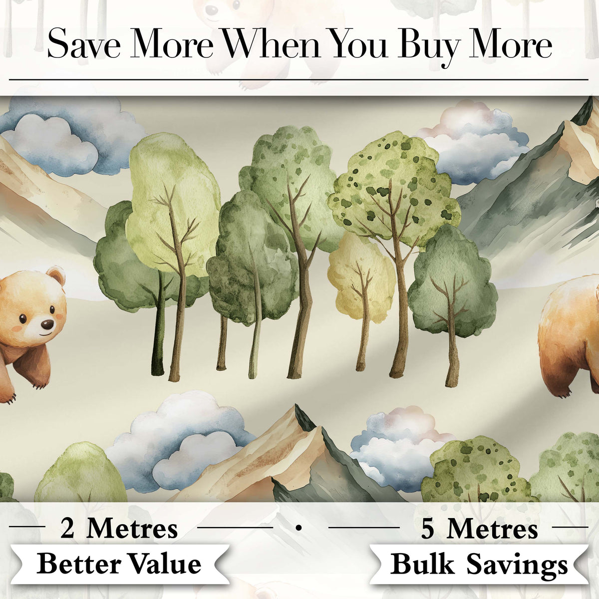 Watercolor Woodland Bear Trees Mountains Seamless Pattern Soft Beige Background Digital Print Fabric by the Metre UK Sewing Quilting Textile