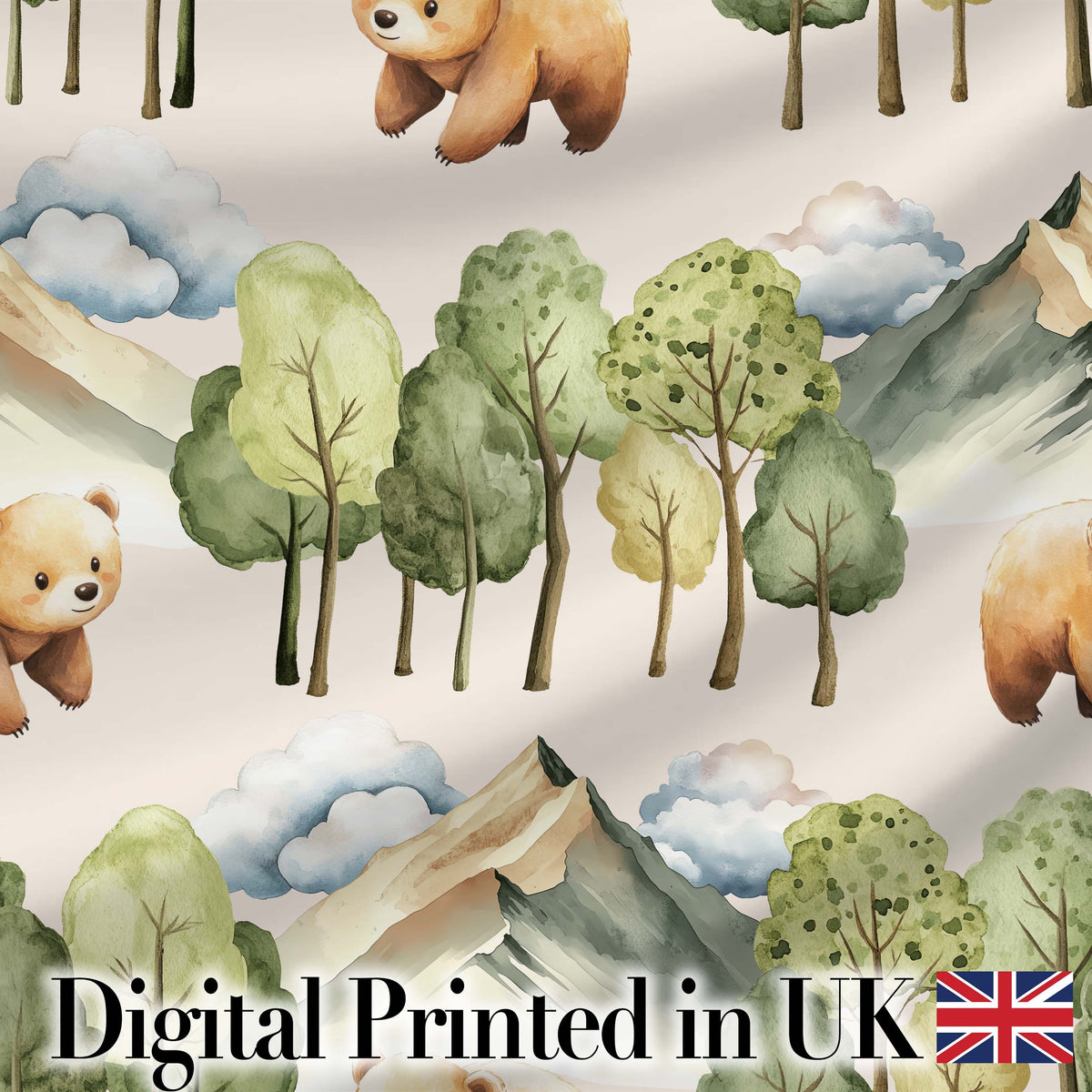 Watercolor Woodland Bear Trees Mountains Seamless Pattern Warm Taupe Background Digital Print Fabric by the Metre UK Sewing Quilting Textile