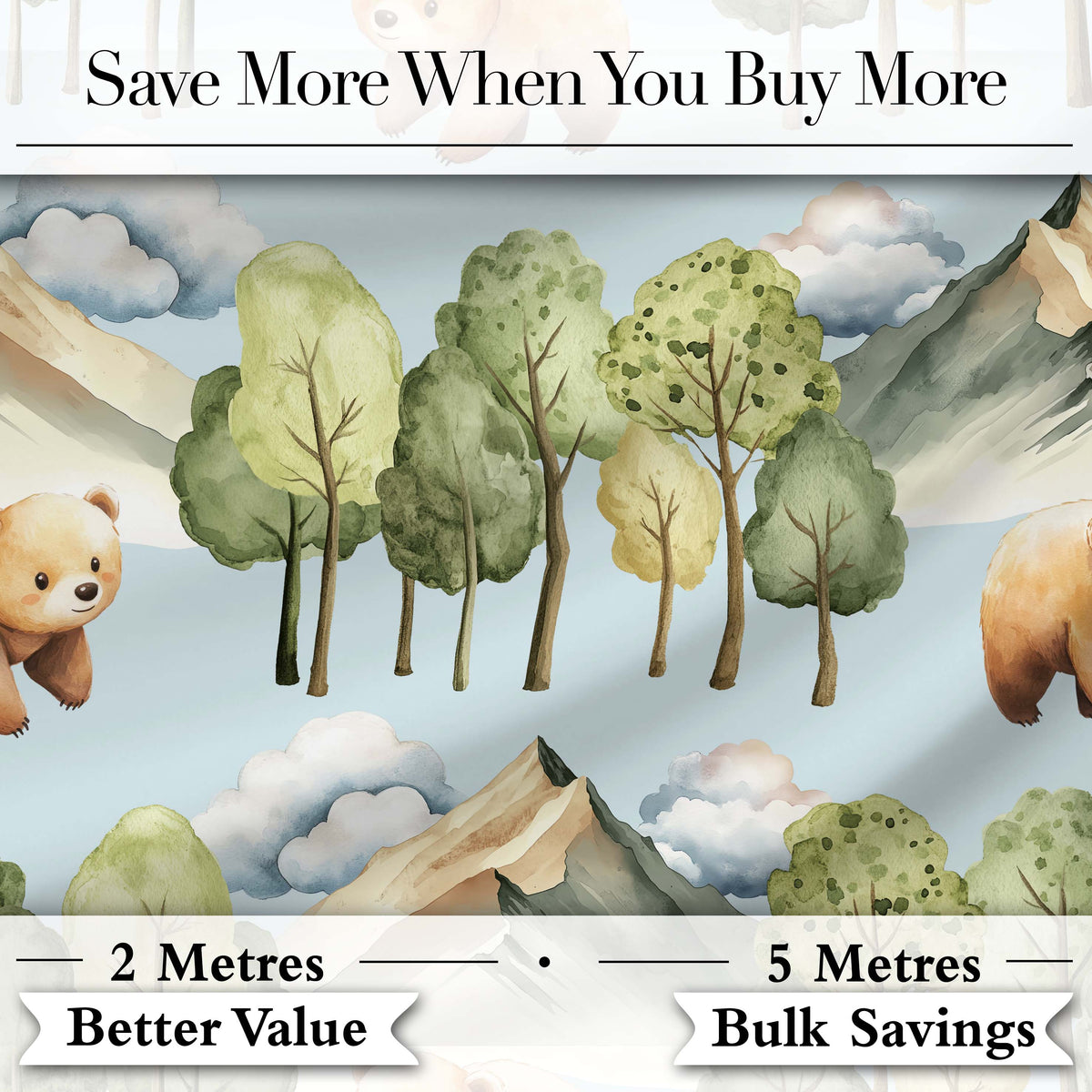 Watercolor Woodland Bear Trees Mountains Seamless Pattern Soft Blue Background Digital Print Fabric by the Metre UK Sewing Quilting Textile