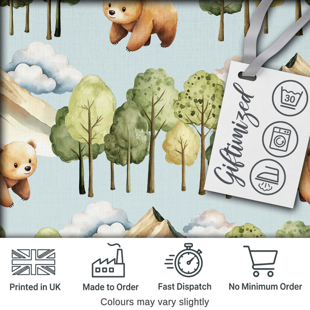 Watercolor Woodland Bear Trees Mountains Seamless Pattern Soft Blue Background Digital Print Fabric by the Metre UK Sewing Quilting Textile