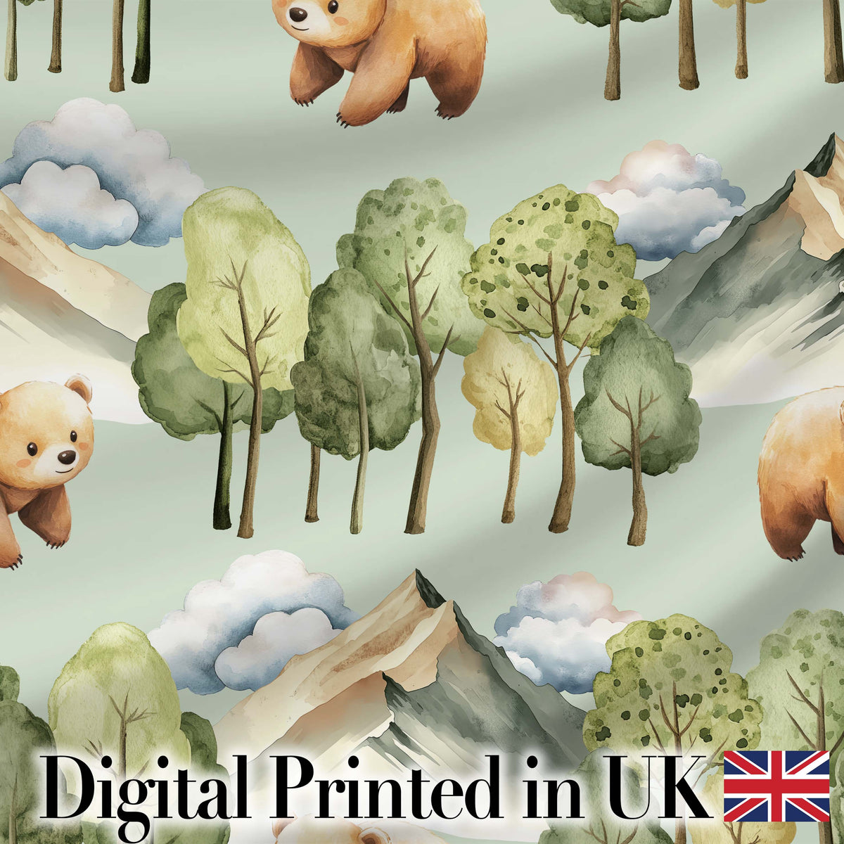 Watercolor Woodland Bear Trees Mountains Seamless Pattern Sage Green Background Digital Print Fabric by the Metre UK Sewing Quilting Textile