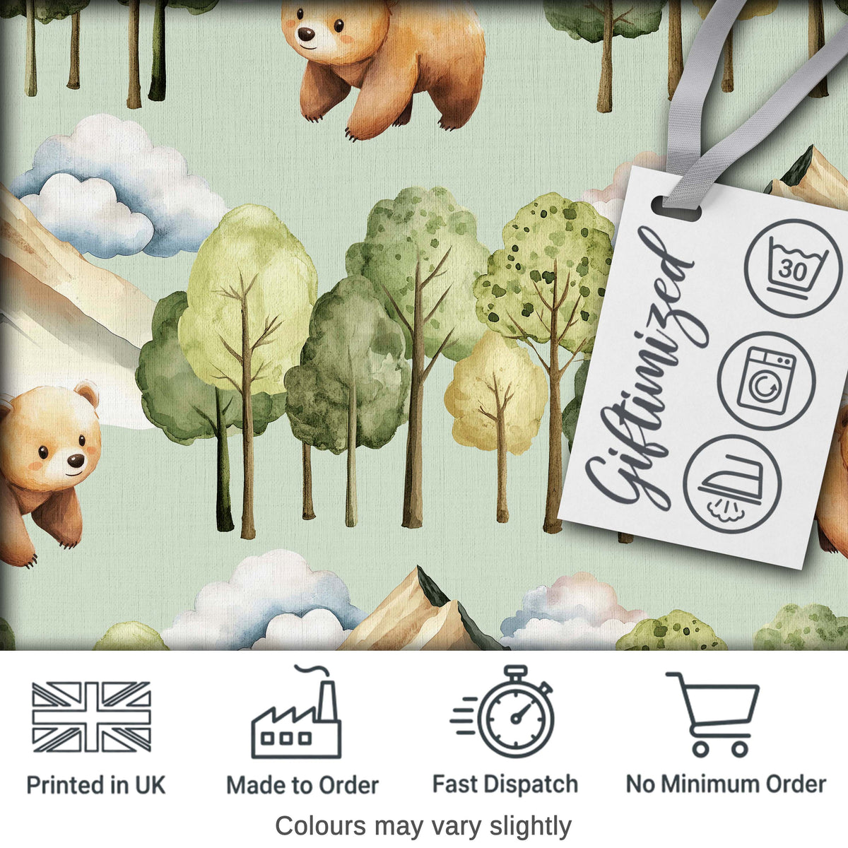 Watercolor Woodland Bear Trees Mountains Seamless Pattern Sage Green Background Digital Print Fabric by the Metre UK Sewing Quilting Textile