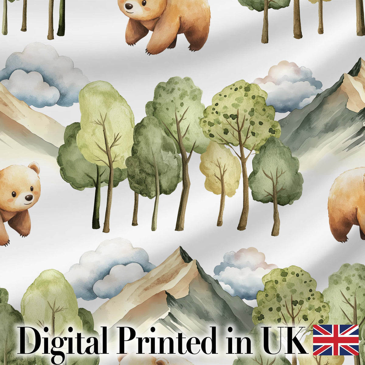 Watercolor Woodland Bear Trees Mountains Seamless Pattern Pale Grey Background Digital Print Fabric by the Metre UK Sewing Quilting Textile