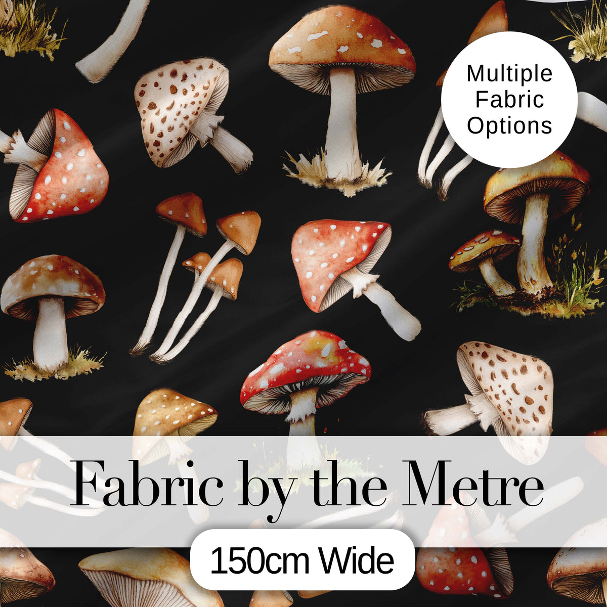 Watercolor Forest Mushrooms Toadstools Seamless Pattern Black Background Digital Print Fabric by the Metre UK Sewing Quilting Textile