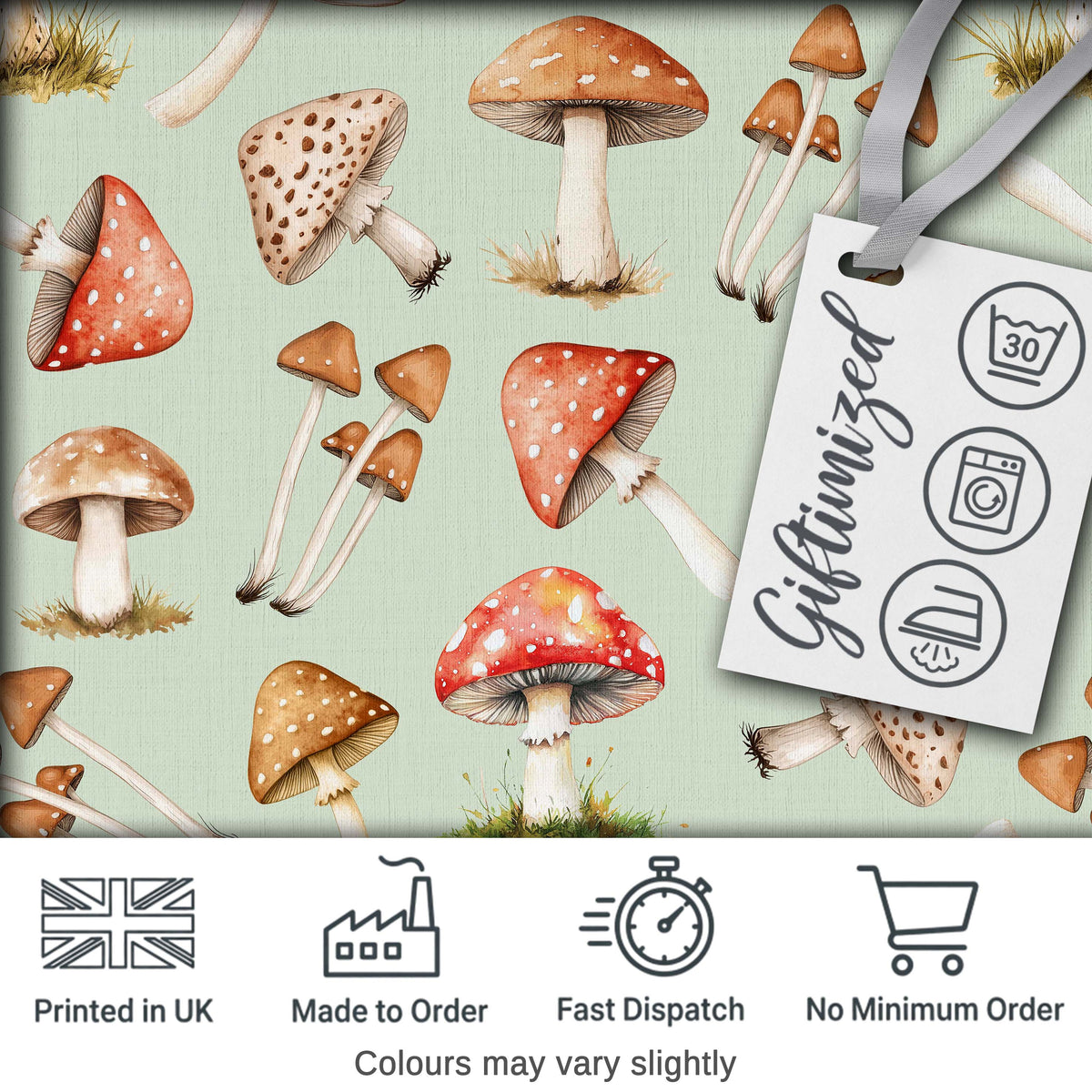 Watercolor Forest Mushrooms Toadstools Seamless Pattern Sage Green Background Digital Print Fabric by the Metre UK Sewing Quilting Textile