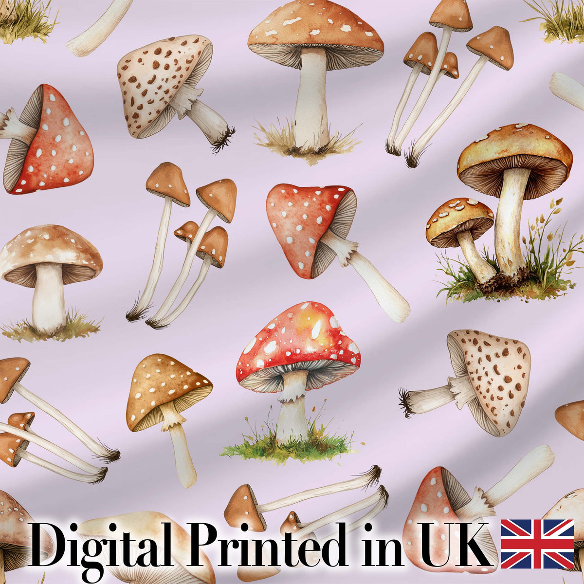 Watercolor Forest Mushrooms Toadstools Seamless Pattern Soft Lilac Background Digital Print Fabric by the Metre UK Sewing Quilting Textile