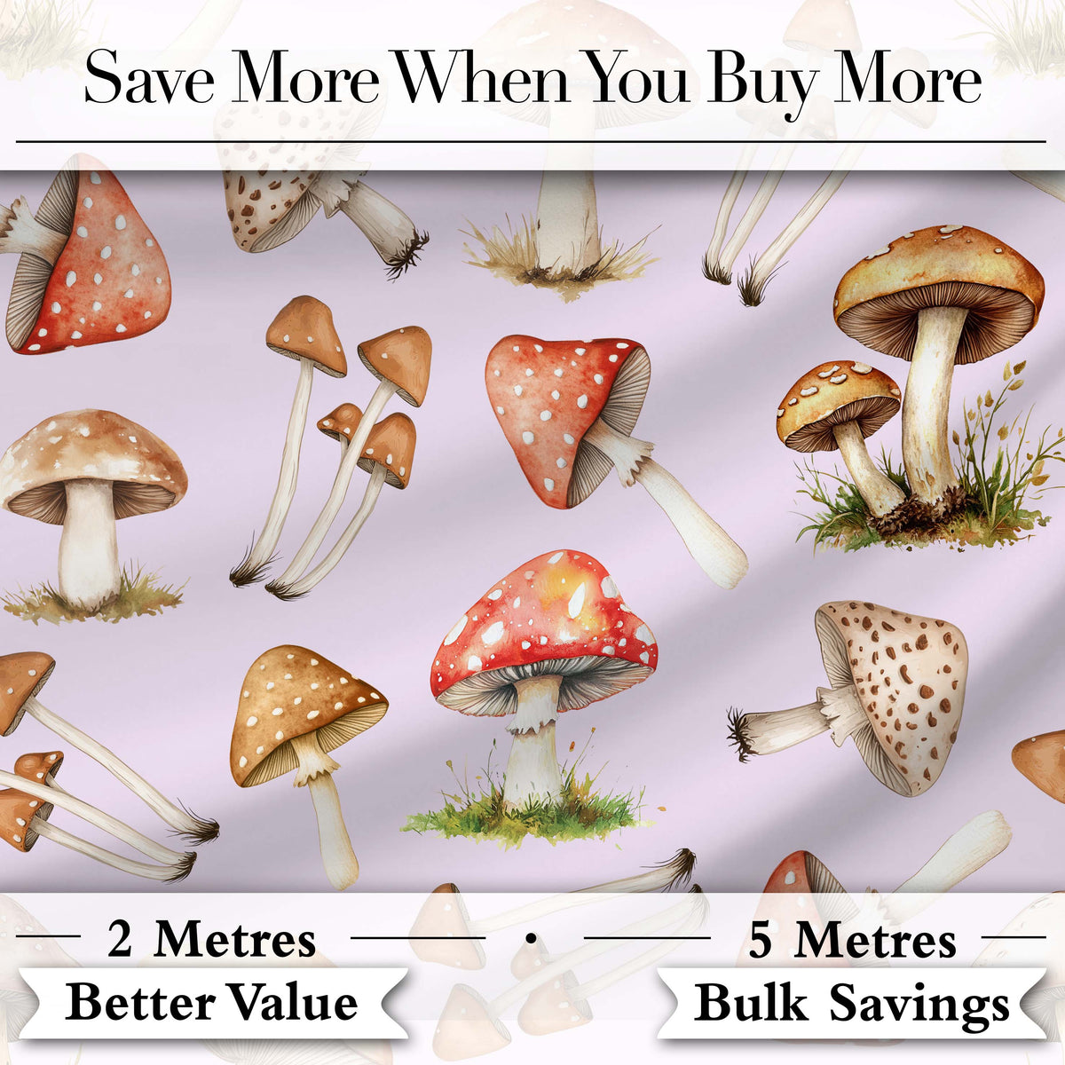 Watercolor Forest Mushrooms Toadstools Seamless Pattern Soft Lilac Background Digital Print Fabric by the Metre UK Sewing Quilting Textile