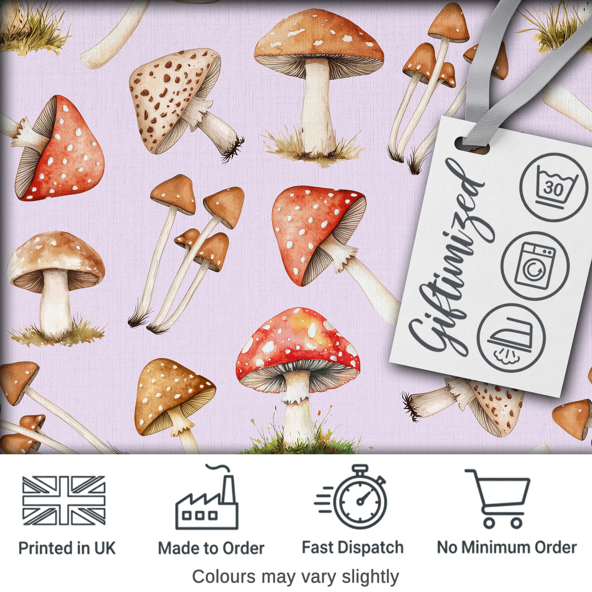 Watercolor Forest Mushrooms Toadstools Seamless Pattern Soft Lilac Background Digital Print Fabric by the Metre UK Sewing Quilting Textile