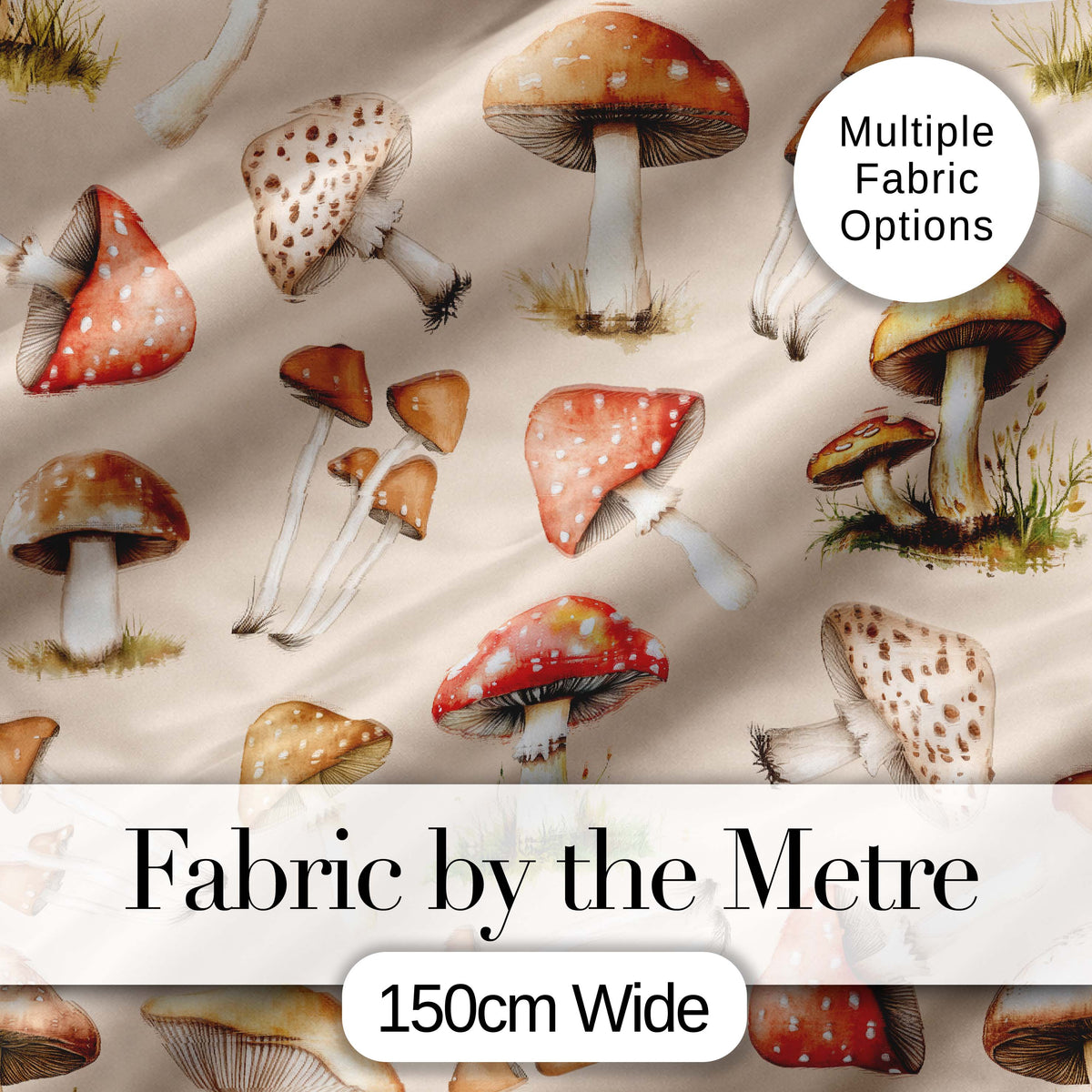 Watercolor Forest Mushrooms Toadstools Seamless Pattern Warm Beige Background Digital Print Fabric by the Metre UK Sewing Quilting Textile