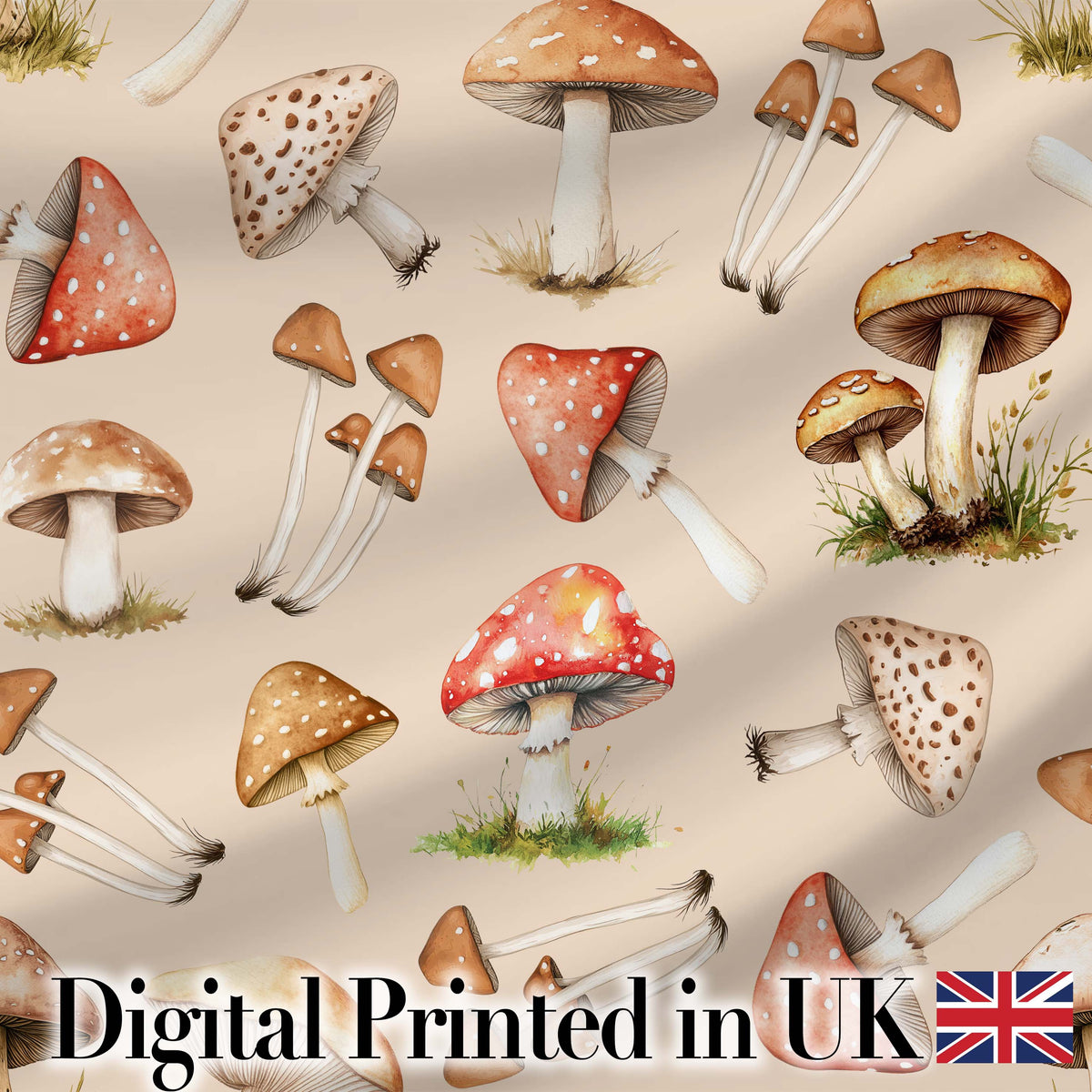 Watercolor Forest Mushrooms Toadstools Seamless Pattern Warm Beige Background Digital Print Fabric by the Metre UK Sewing Quilting Textile