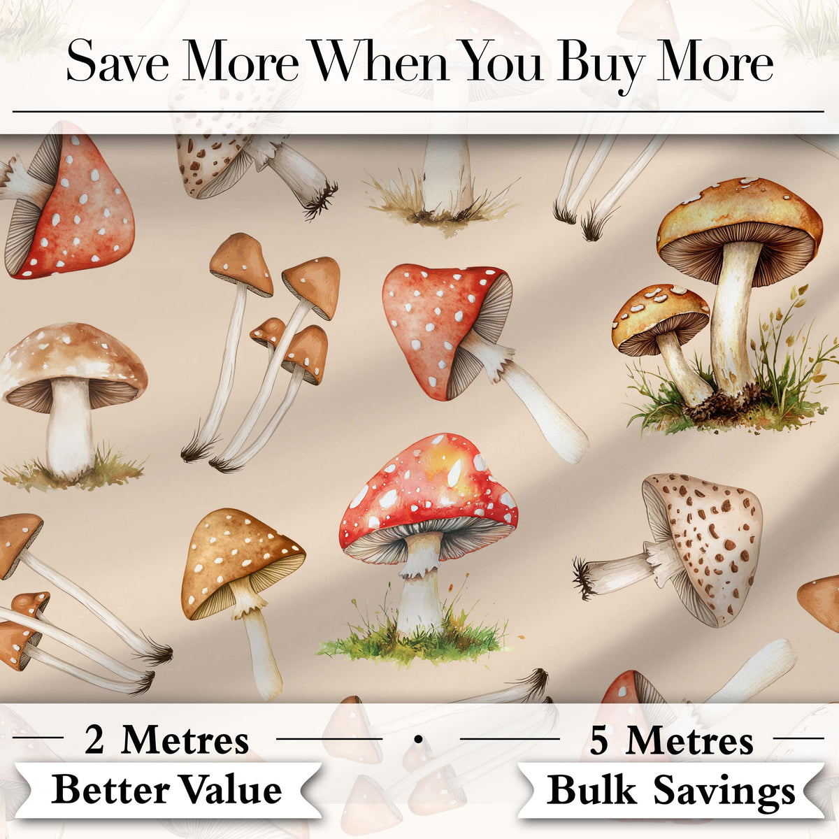 Watercolor Forest Mushrooms Toadstools Seamless Pattern Warm Beige Background Digital Print Fabric by the Metre UK Sewing Quilting Textile
