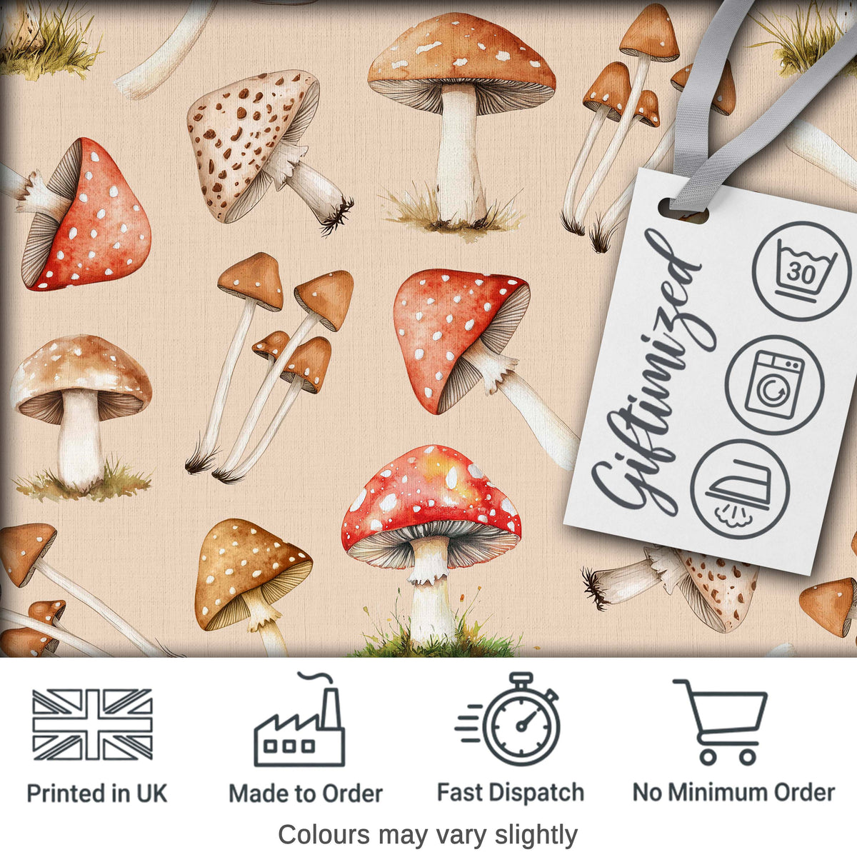 Watercolor Forest Mushrooms Toadstools Seamless Pattern Warm Beige Background Digital Print Fabric by the Metre UK Sewing Quilting Textile