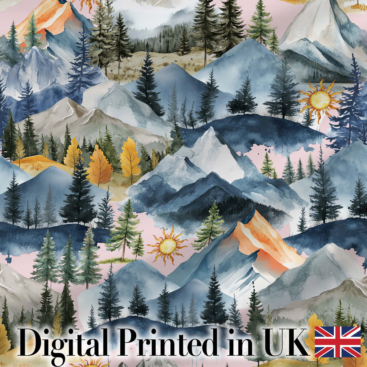Watercolor Mountain Forest Landscape Sunset Seamless Pattern Pink Background Digital Print Fabric by the Metre UK Sewing Quilting Textile