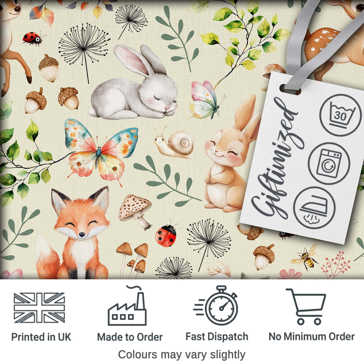 Woodland Animals Rabbit Fox Butterfly Seamless Pattern Sage Green Digital Print Fabric by the Metre UK Sewing Quilting Textile