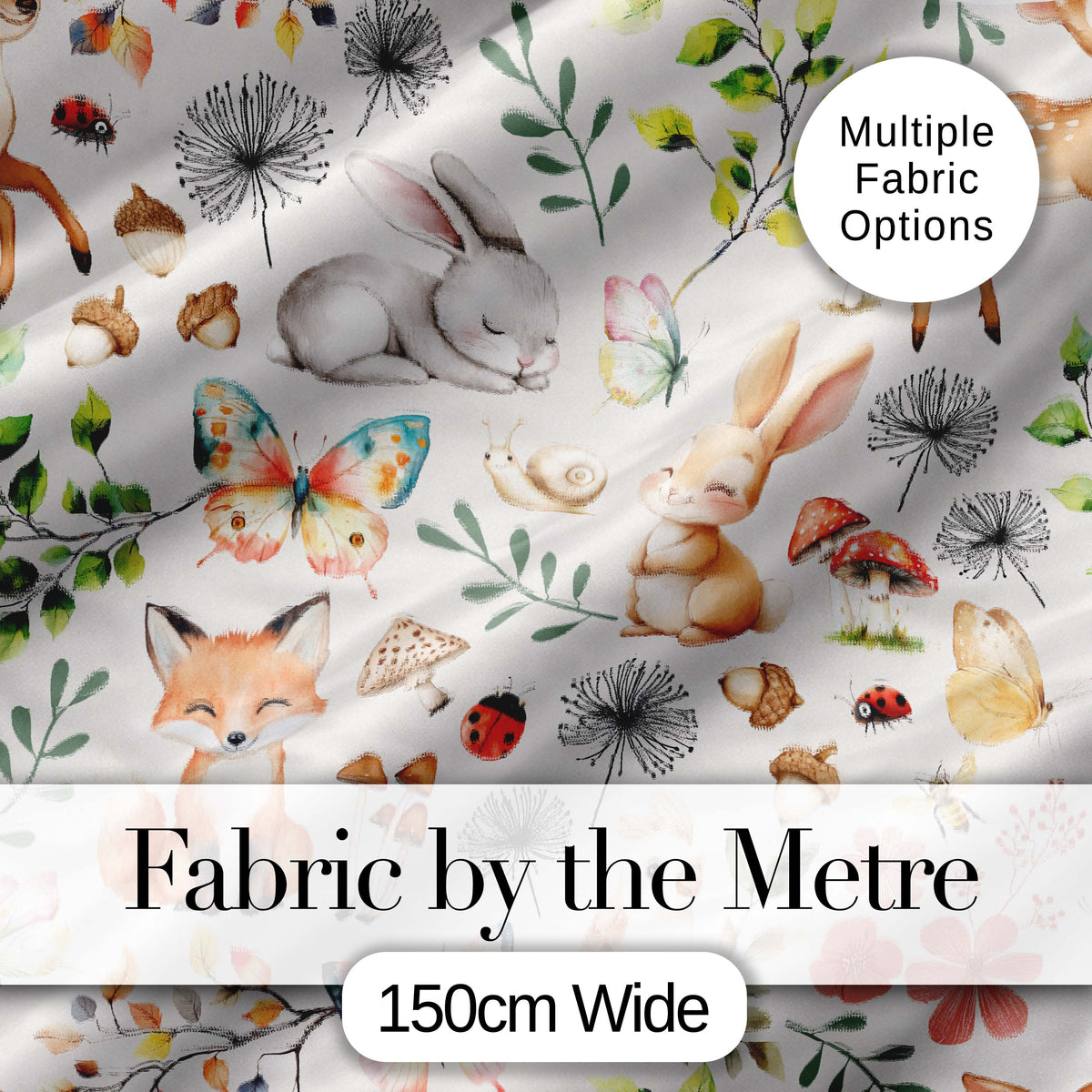 Cute Woodland Animals Rabbit Fox Butterfly Seamless Pattern Cream Background Digital Print Fabric by the Metre UK Sewing Quilting Textile