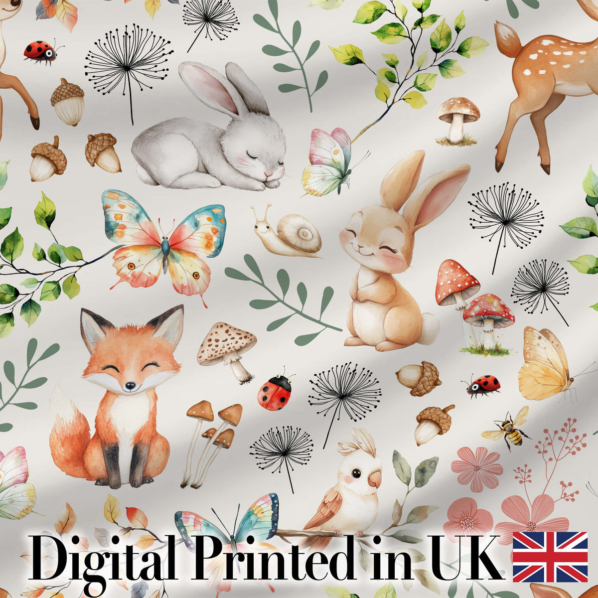 Cute Woodland Animals Rabbit Fox Butterfly Seamless Pattern Cream Background Digital Print Fabric by the Metre UK Sewing Quilting Textile