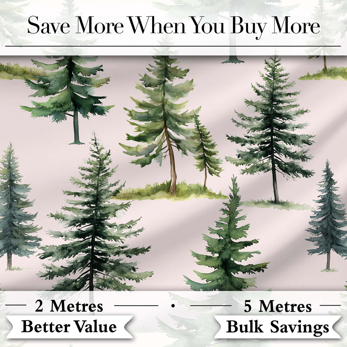 Watercolor Pine Tree Forest Seamless Pattern Blush Background Digital Print Fabric by the Metre UK Sewing Quilting Textile