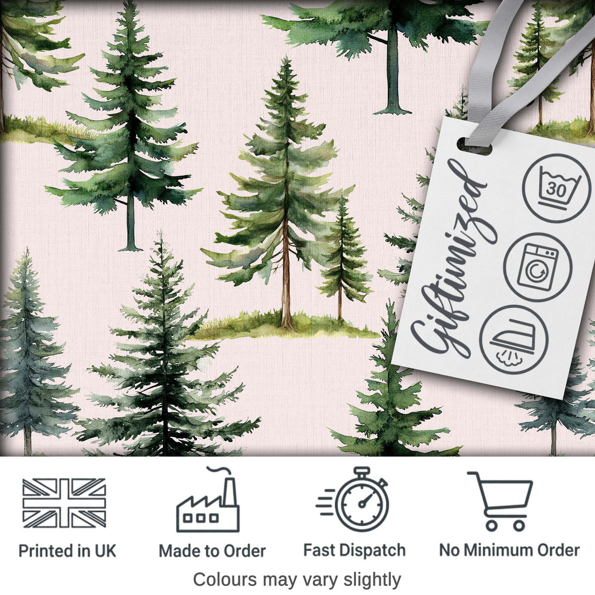 Watercolor Pine Tree Forest Seamless Pattern Blush Background Digital Print Fabric by the Metre UK Sewing Quilting Textile