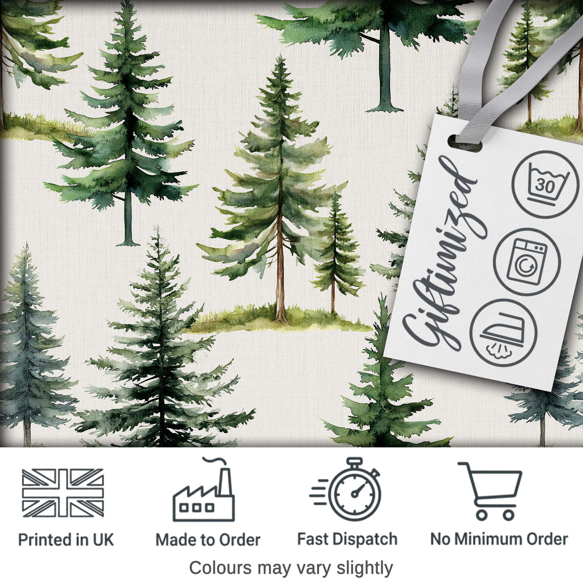 Watercolor Pine Tree Forest Seamless Pattern Neutral Background Digital Print Fabric by the Metre UK Sewing Quilting Textile