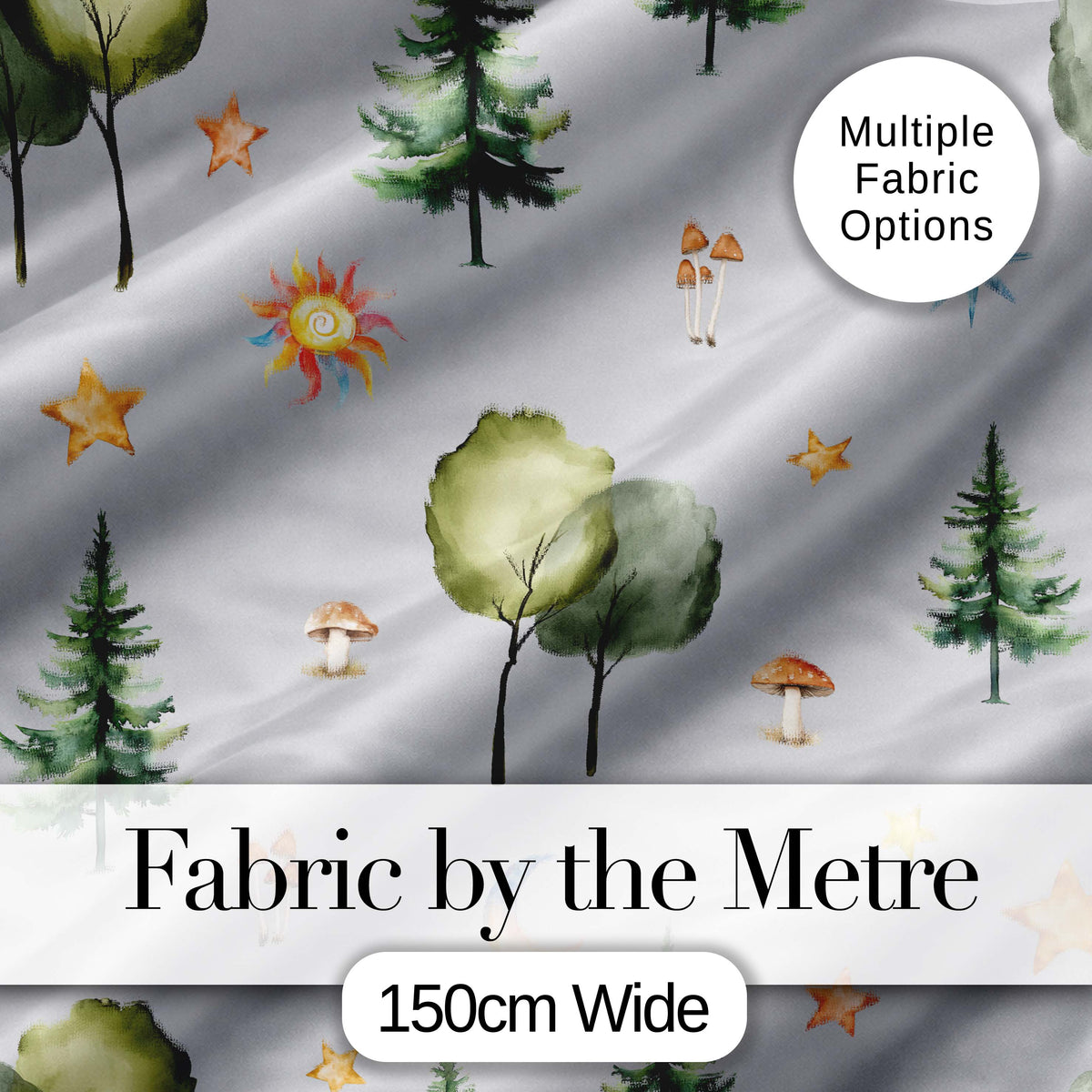 Watercolor Forest Trees Mushrooms Sun Moon Stars Seamless Pattern Grey Digital Print Fabric by the Metre UK Sewing Quilting Textile