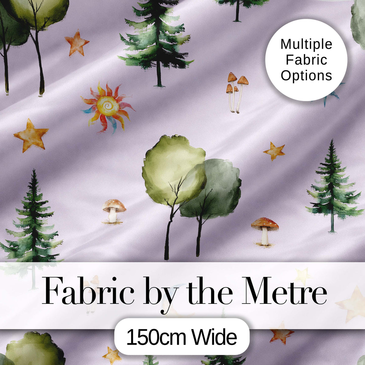 Watercolor Forest Trees Mushrooms Sun Moon Stars Seamless Pattern Lilac Digital Print Fabric by the Metre UK Sewing Quilting Textile