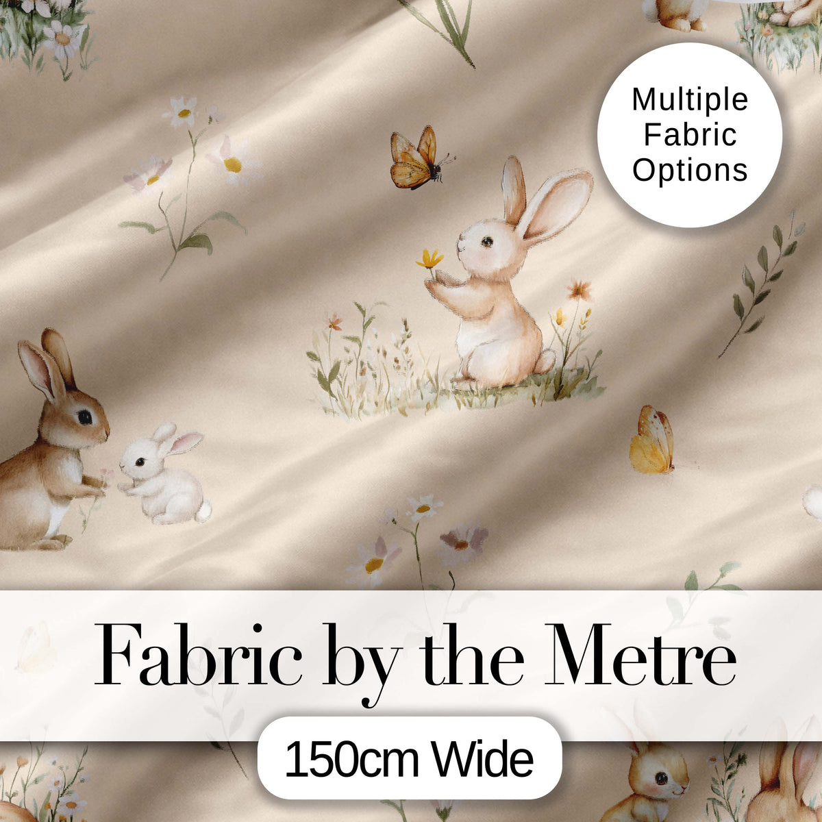 Cute Bunny Rabbit Butterfly Floral Meadow Seamless Pattern Beige Background Digital Print Fabric by the Metre UK Sewing Quilting Textile