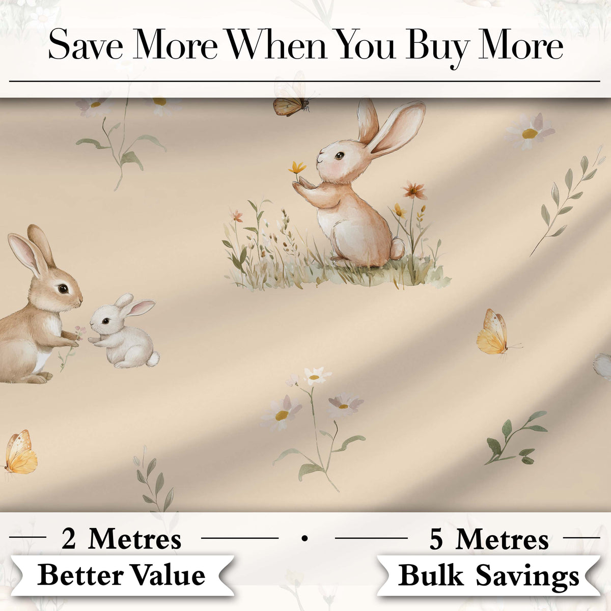 Cute Bunny Rabbit Butterfly Floral Meadow Seamless Pattern Beige Background Digital Print Fabric by the Metre UK Sewing Quilting Textile