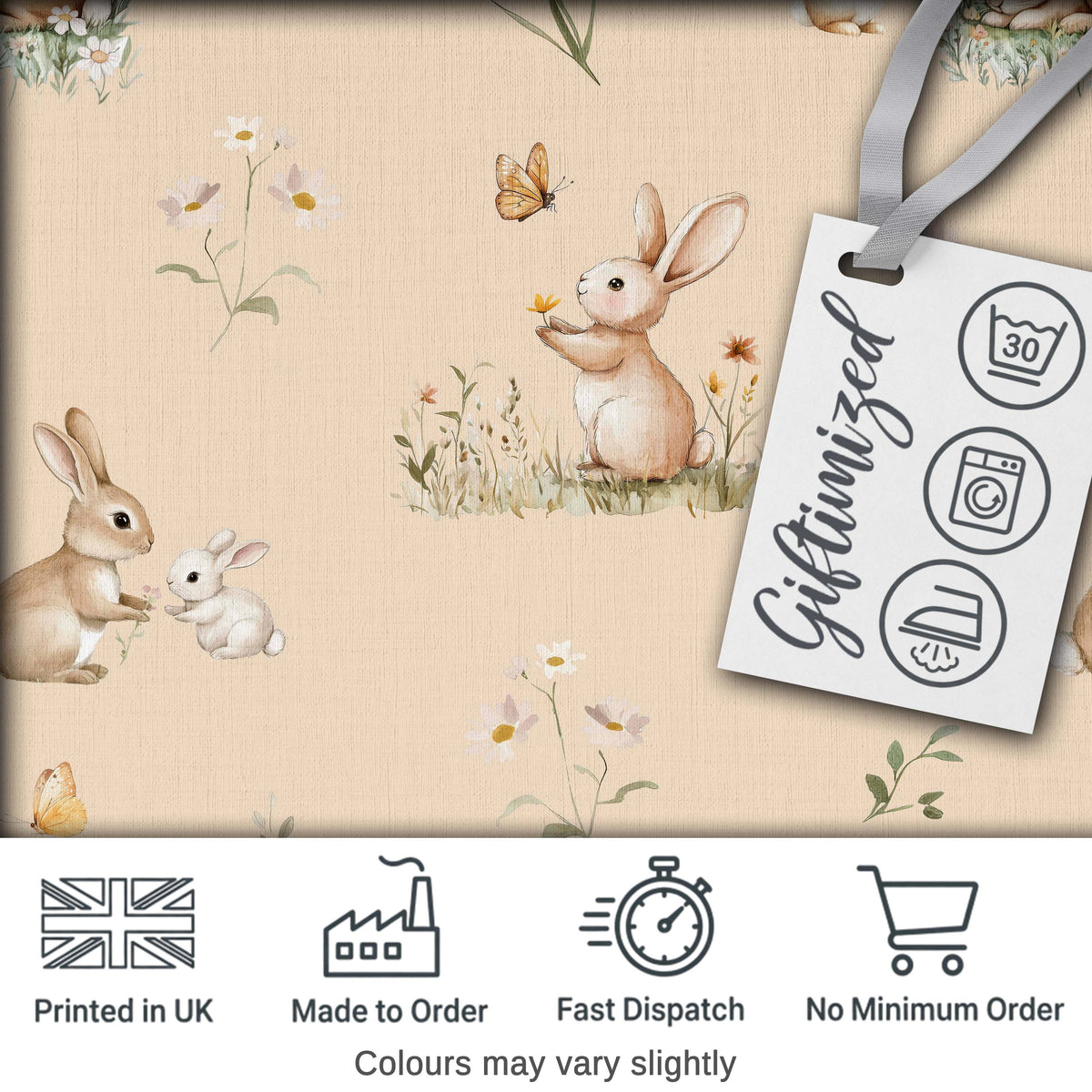 Cute Bunny Rabbit Butterfly Floral Meadow Seamless Pattern Beige Background Digital Print Fabric by the Metre UK Sewing Quilting Textile