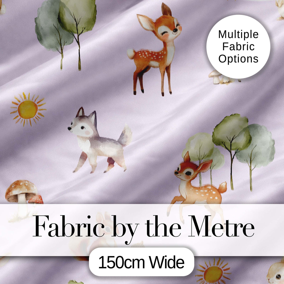 Woodland Deer Fox Squirrel Mushroom Forest Seamless Pattern Lavender Digital Print Fabric by the Metre UK Sewing Quilting Textile