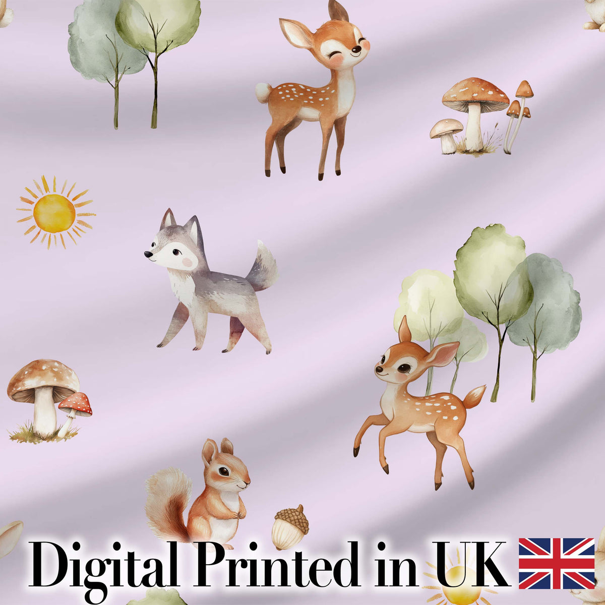 Woodland Deer Fox Squirrel Mushroom Forest Seamless Pattern Lavender Digital Print Fabric by the Metre UK Sewing Quilting Textile