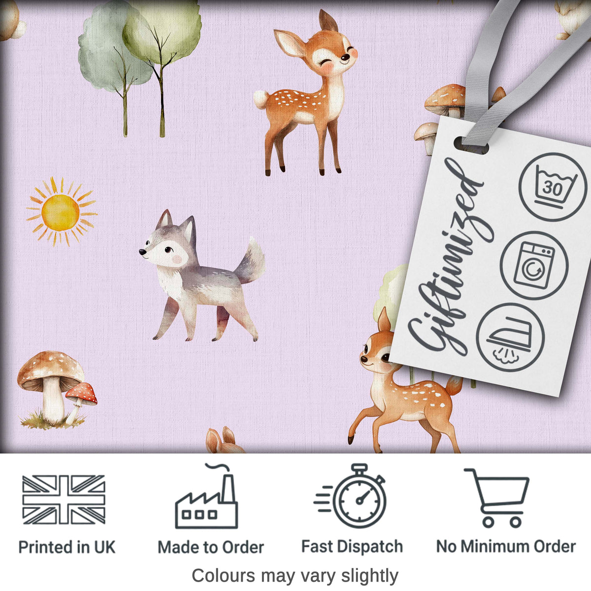 Woodland Deer Fox Squirrel Mushroom Forest Seamless Pattern Lavender Digital Print Fabric by the Metre UK Sewing Quilting Textile