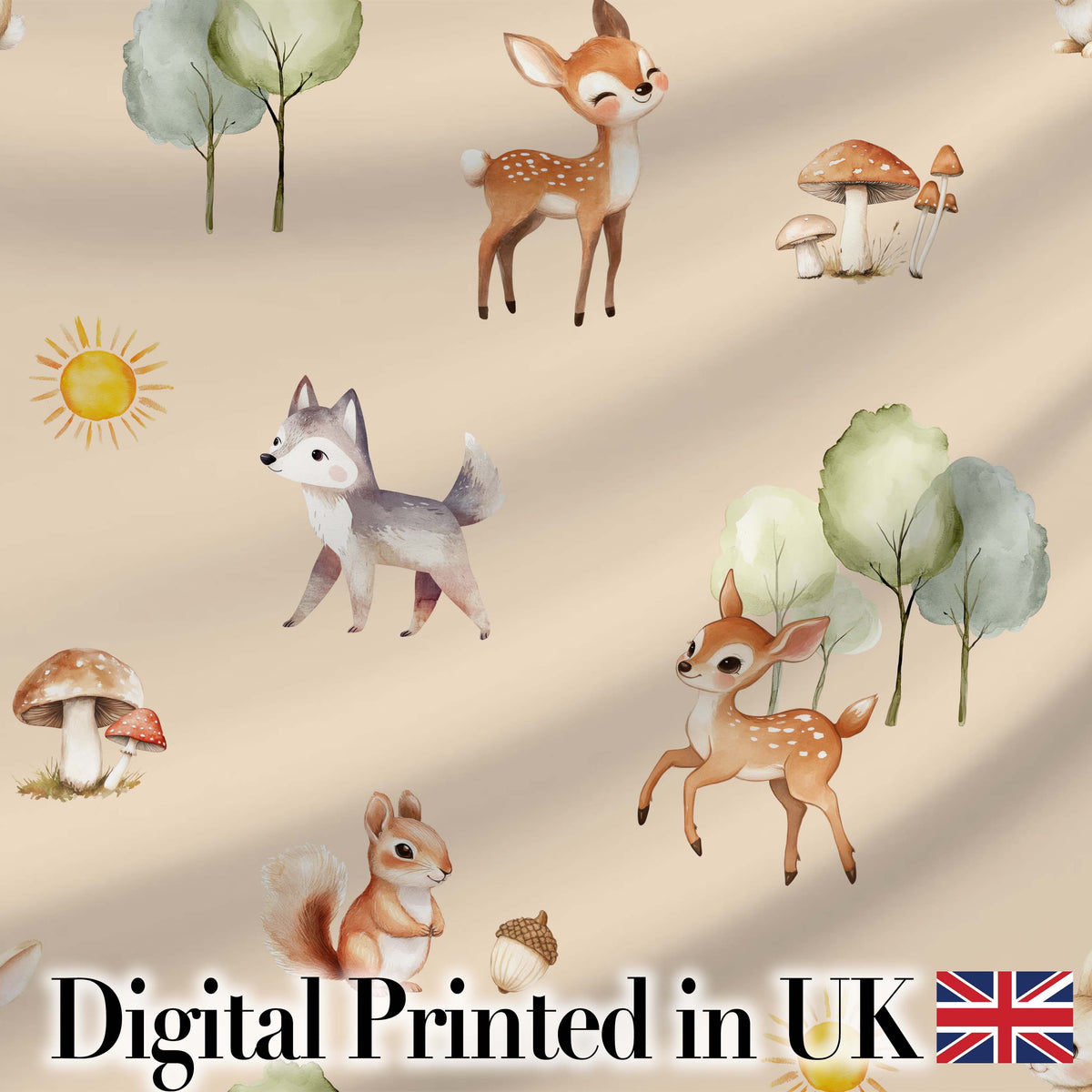 Woodland Deer Fox Squirrel Mushroom Forest Seamless Pattern Beige Digital Print Fabric by the Metre UK Sewing Quilting Textile