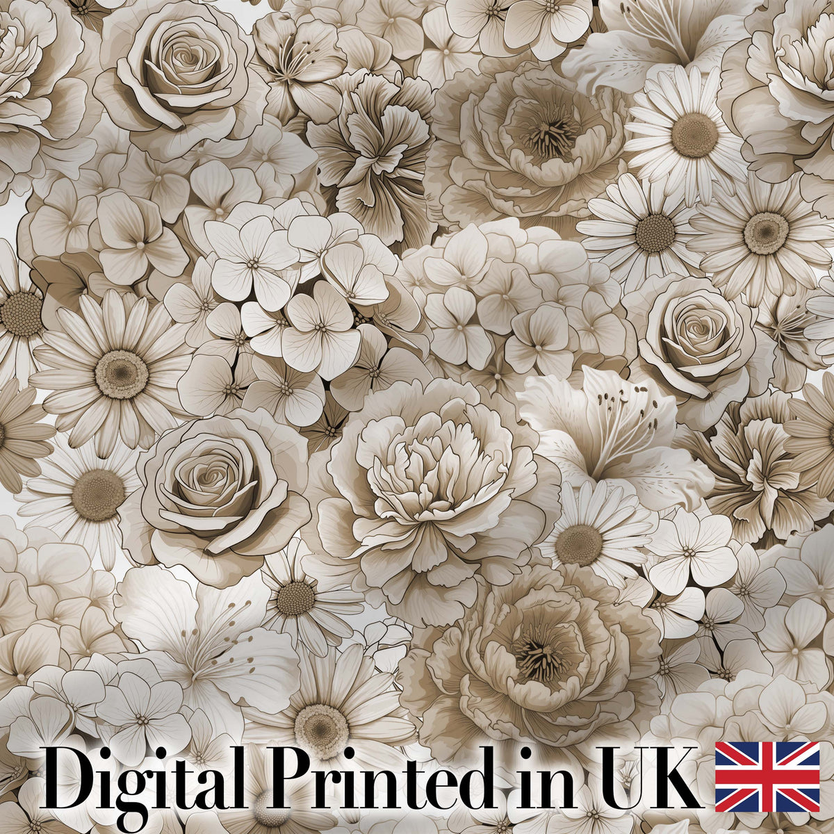 Elegant Vintage Floral Roses Peonies Daisy Seamless Pattern Neutral Beige Digital Print Fabric by the Metre UK Sewing Quilting Textile
