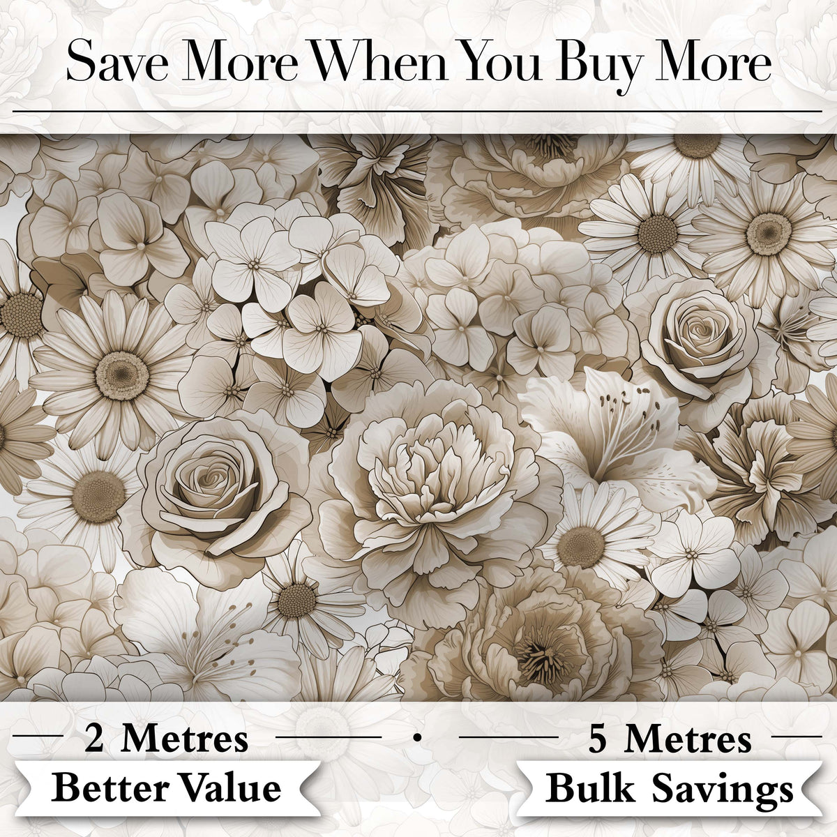 Elegant Vintage Floral Roses Peonies Daisy Seamless Pattern Neutral Beige Digital Print Fabric by the Metre UK Sewing Quilting Textile