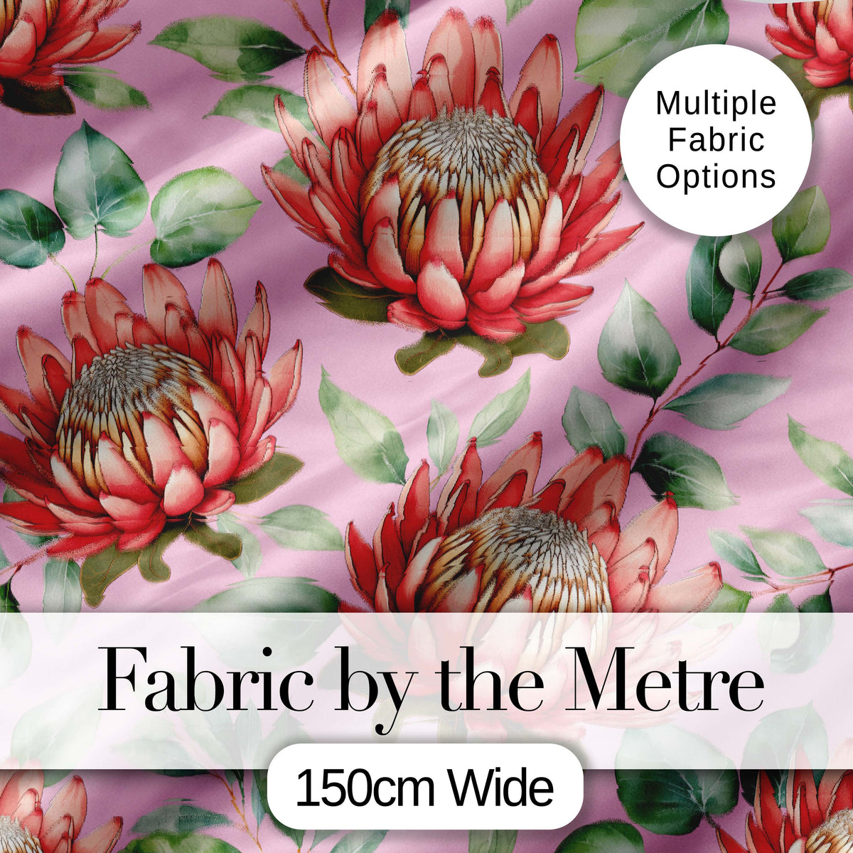 Tropical Protea Flowers Green Leaves Seamless Pattern Pink Background Digital Print Fabric by the Metre UK Sewing Quilting Textile